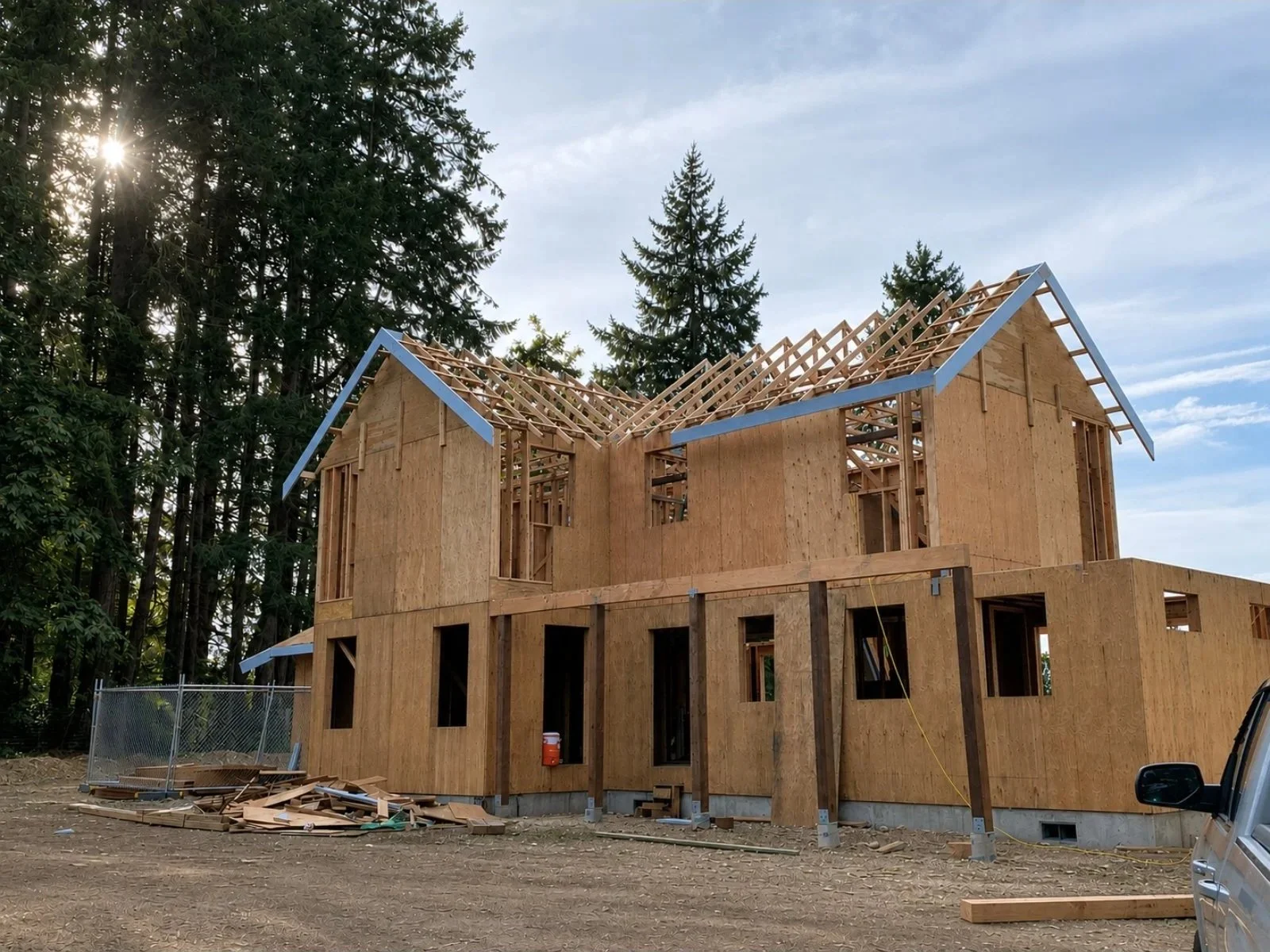 A house under construction with wooden framing and a partially built roof, surrounded by trees and a partly cloudy sky.