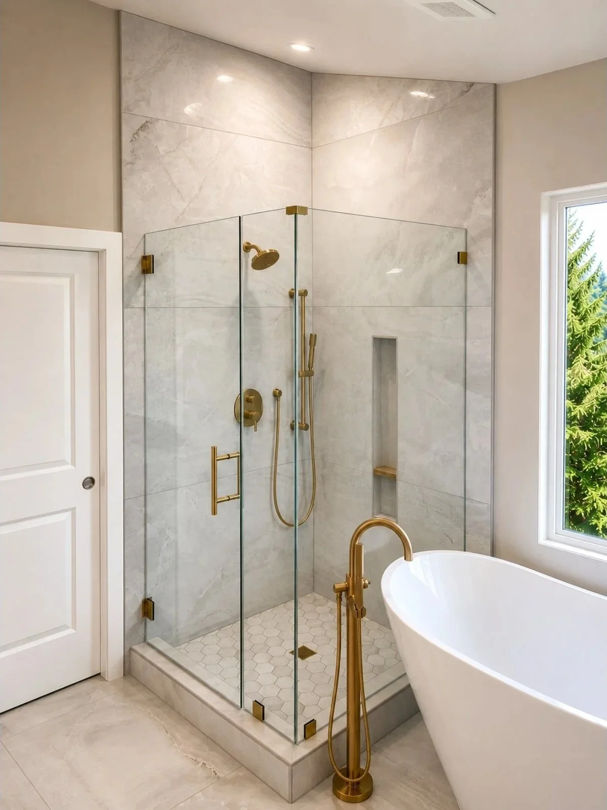 A modern bathroom featuring a glass shower enclosure with gold fixtures and a white bathtub with a gold floor-mounted faucet, next to a window with green trees outside.