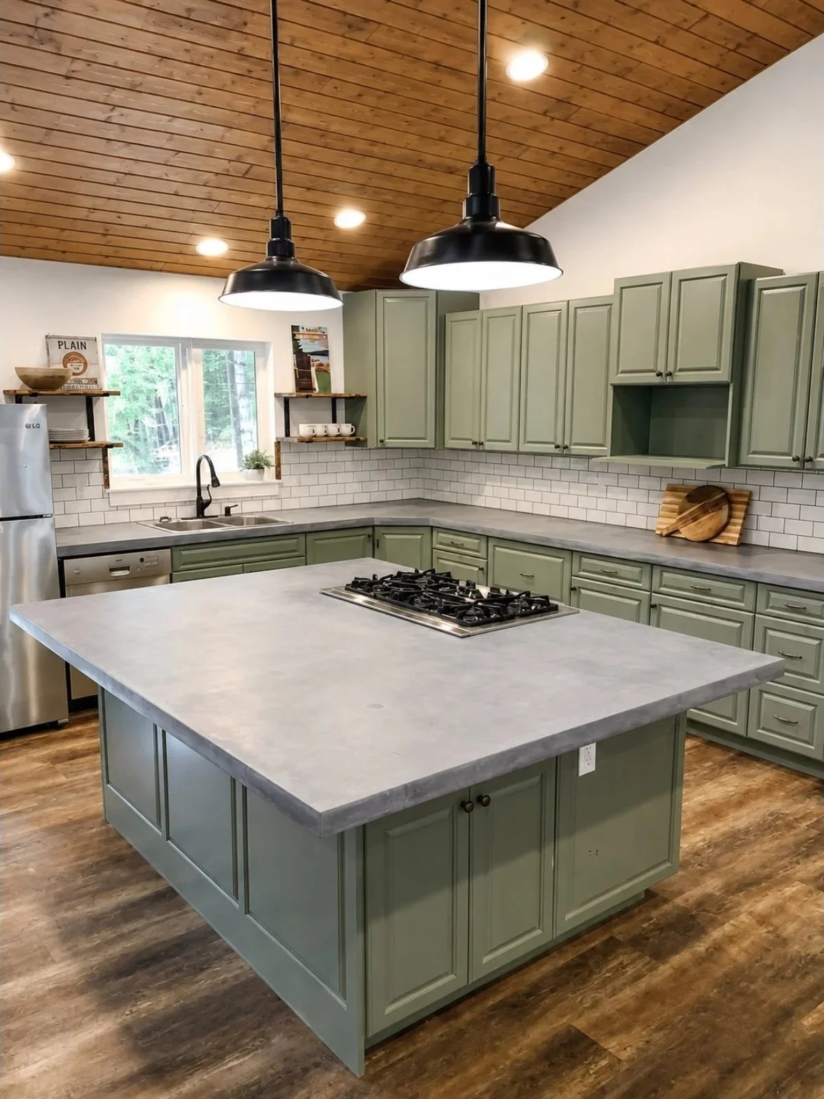 Modern kitchen with green cabinets, gray countertops, a central island with a gas stove, white subway tile backsplash, wood flooring, and black pendant lights hanging from a wooden ceiling.
