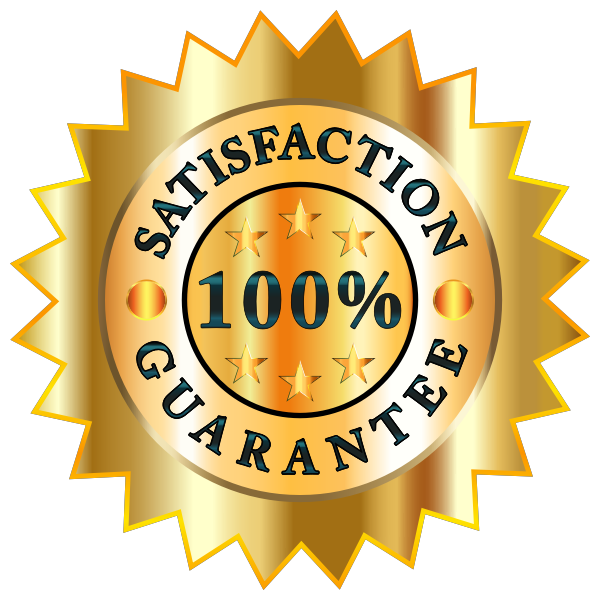Gold and black badge with a starburst shape, reading 'Satisfaction 100% Guarantee' with stars and bold text.