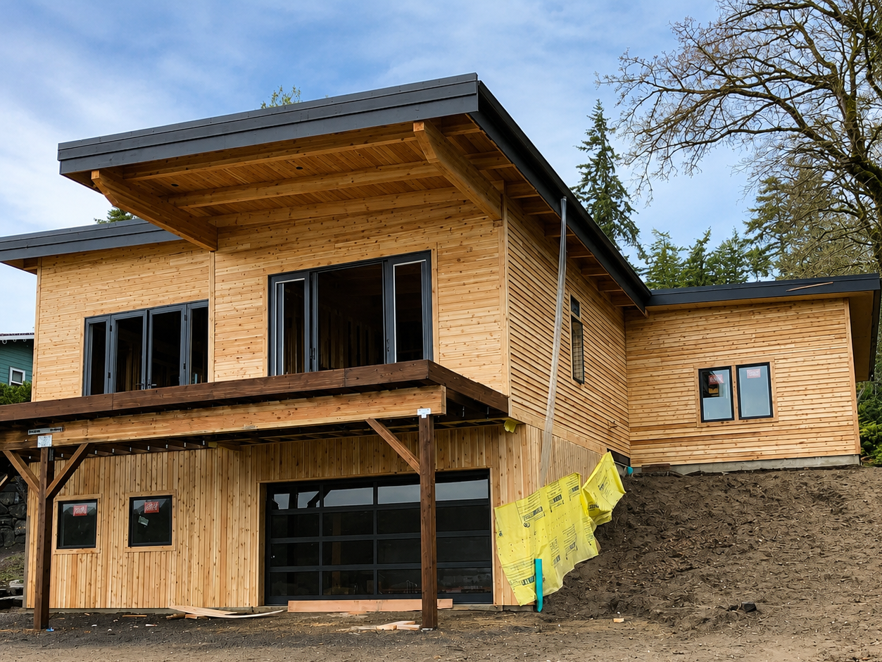 Newly built wooden house with a garage and large windows, on a sloped lot, under a partly cloudy sky.