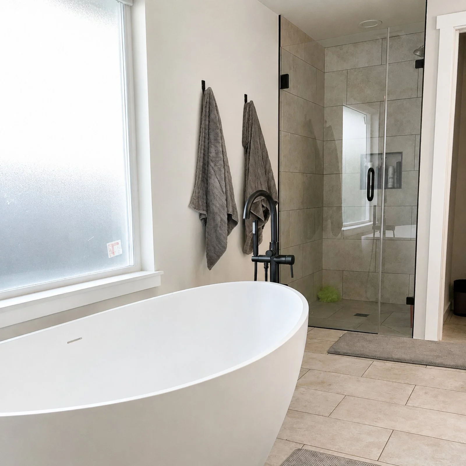 A modern bathroom featuring a freestanding bathtub, a large frosted window, towels hanging on hooks, a walk-in shower with glass door, beige tiled walls and floor, and a small gray bath mat.