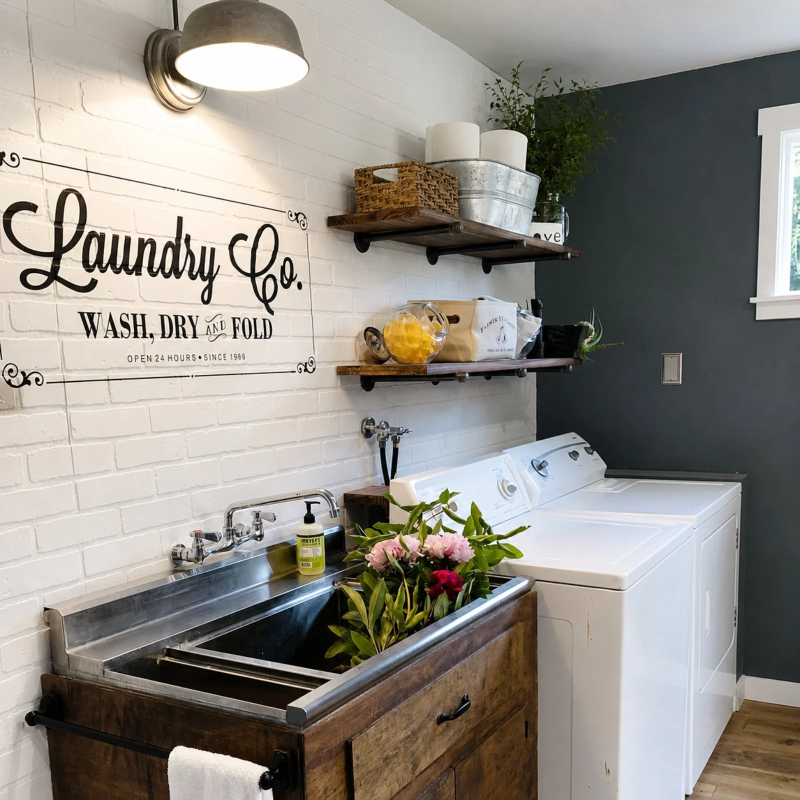 Laundry room with white brick wall, dark accent wall, shelves with decorative items, a small sink with flowers, and a washing machine and dryer.