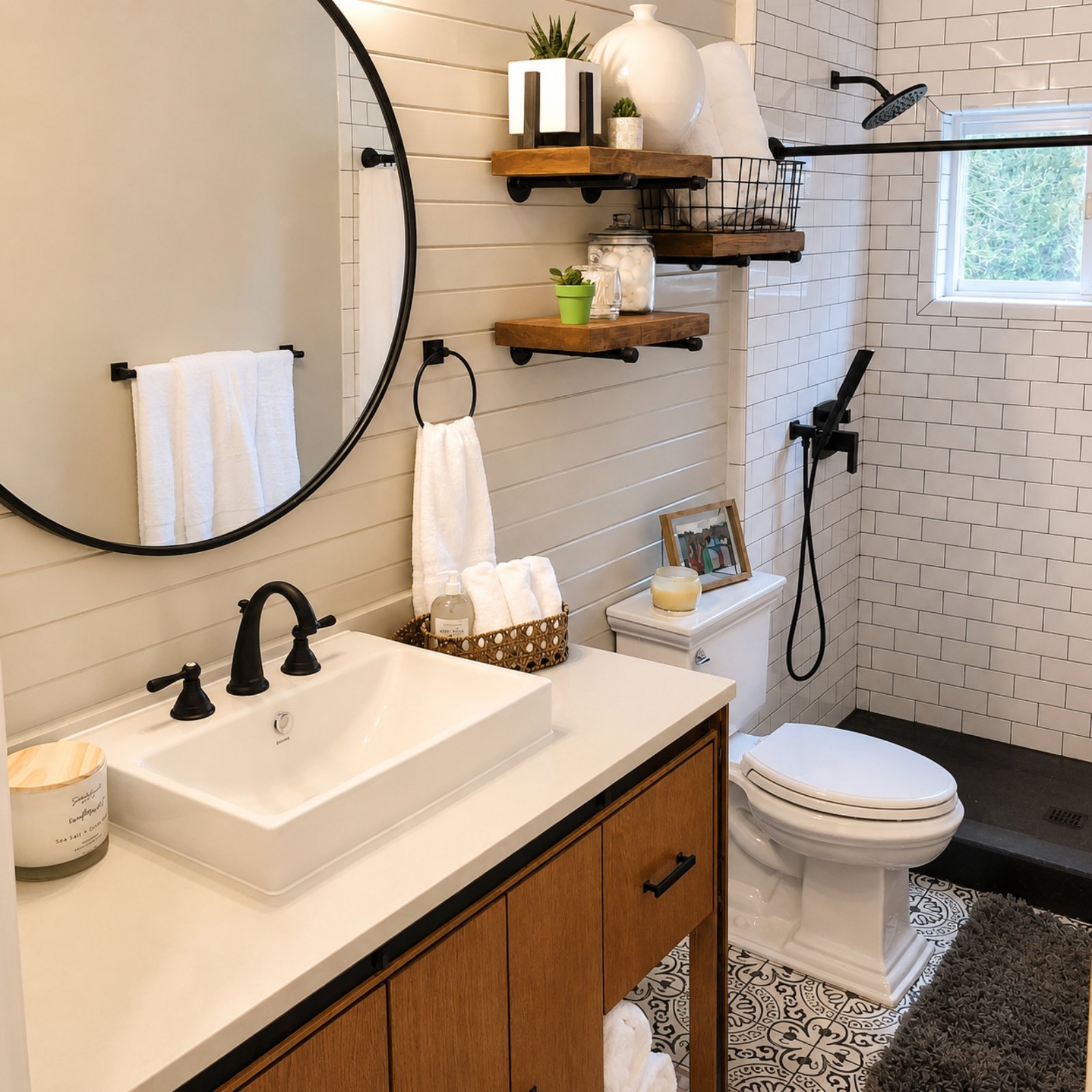 Bathroom with a white sink, black fixtures, and a wooden cabinet. A round mirror hangs above the sink. The shower area has white subway tiles, a window, and a black showerhead and fixtures. The floor has black and white patterned tiles.