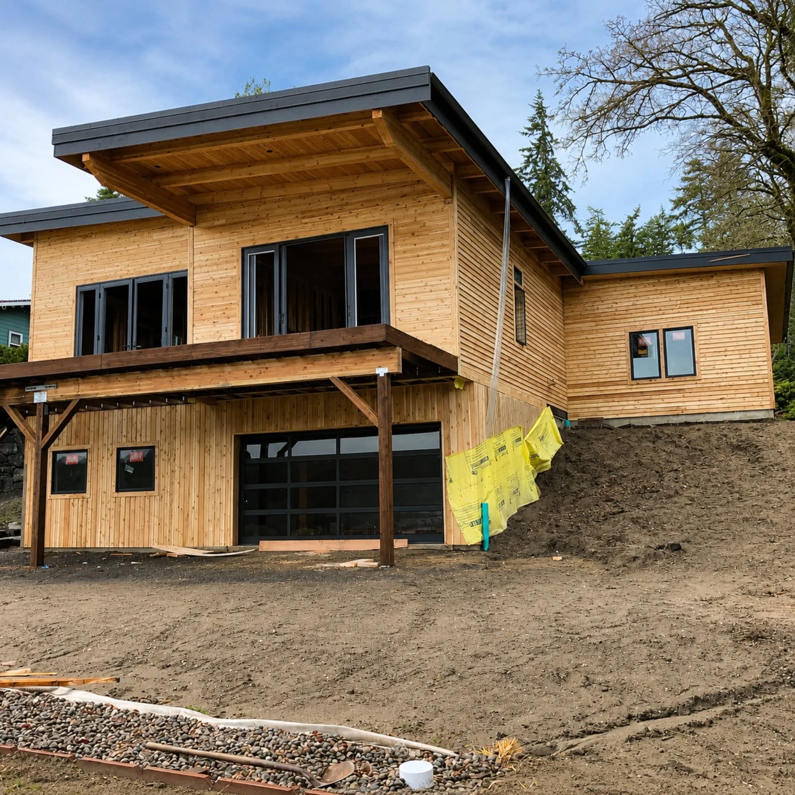 Under construction house with wooden exterior, large windows, and a garage door, on a dirt lot with construction materials and trees in the background.