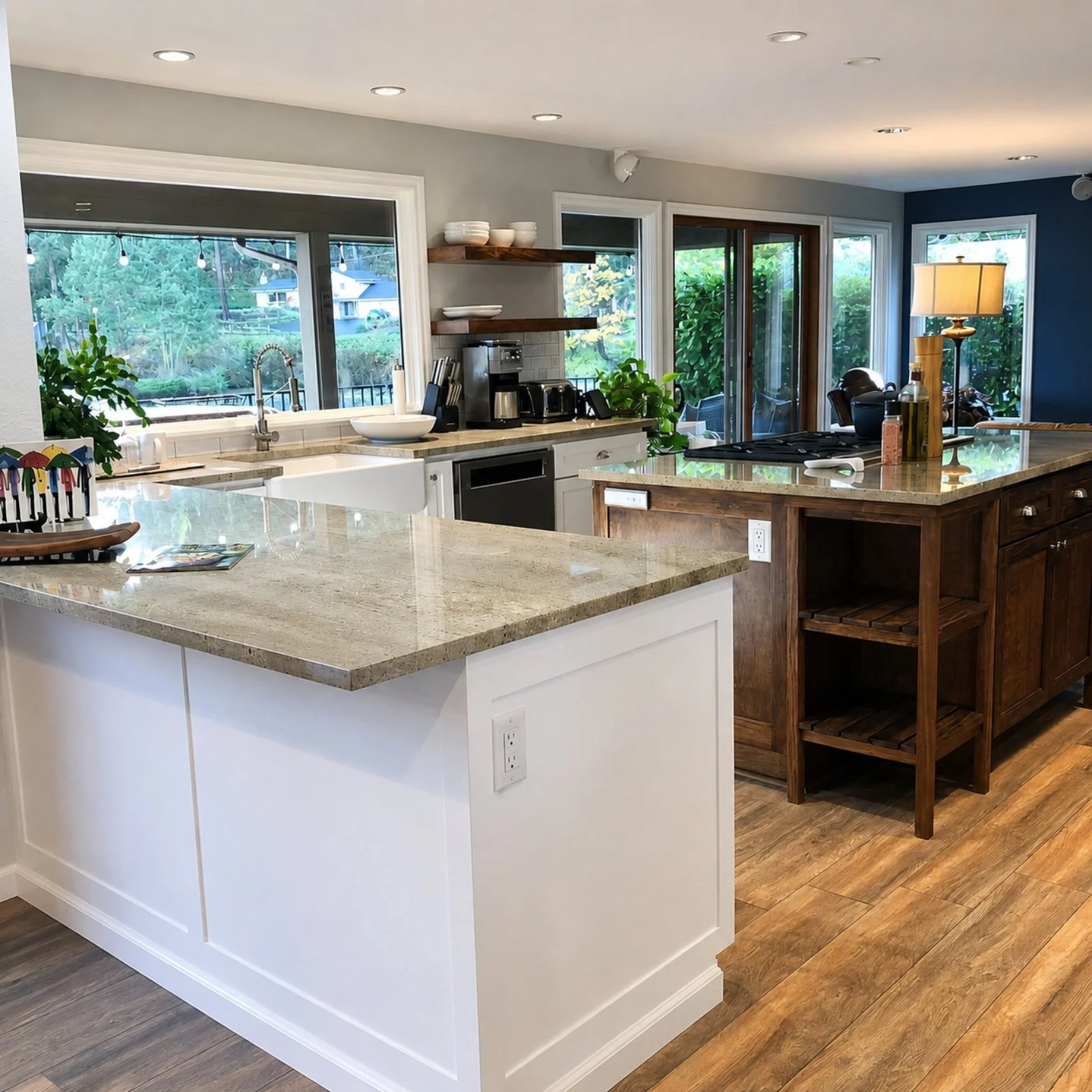 Kitchen with white cabinets, beige countertops, and wooden island. Large windows show trees outside. Plants, coffee maker, and utensils on counters. Floor is wooden, and there is a blue accent wall with a lamp.