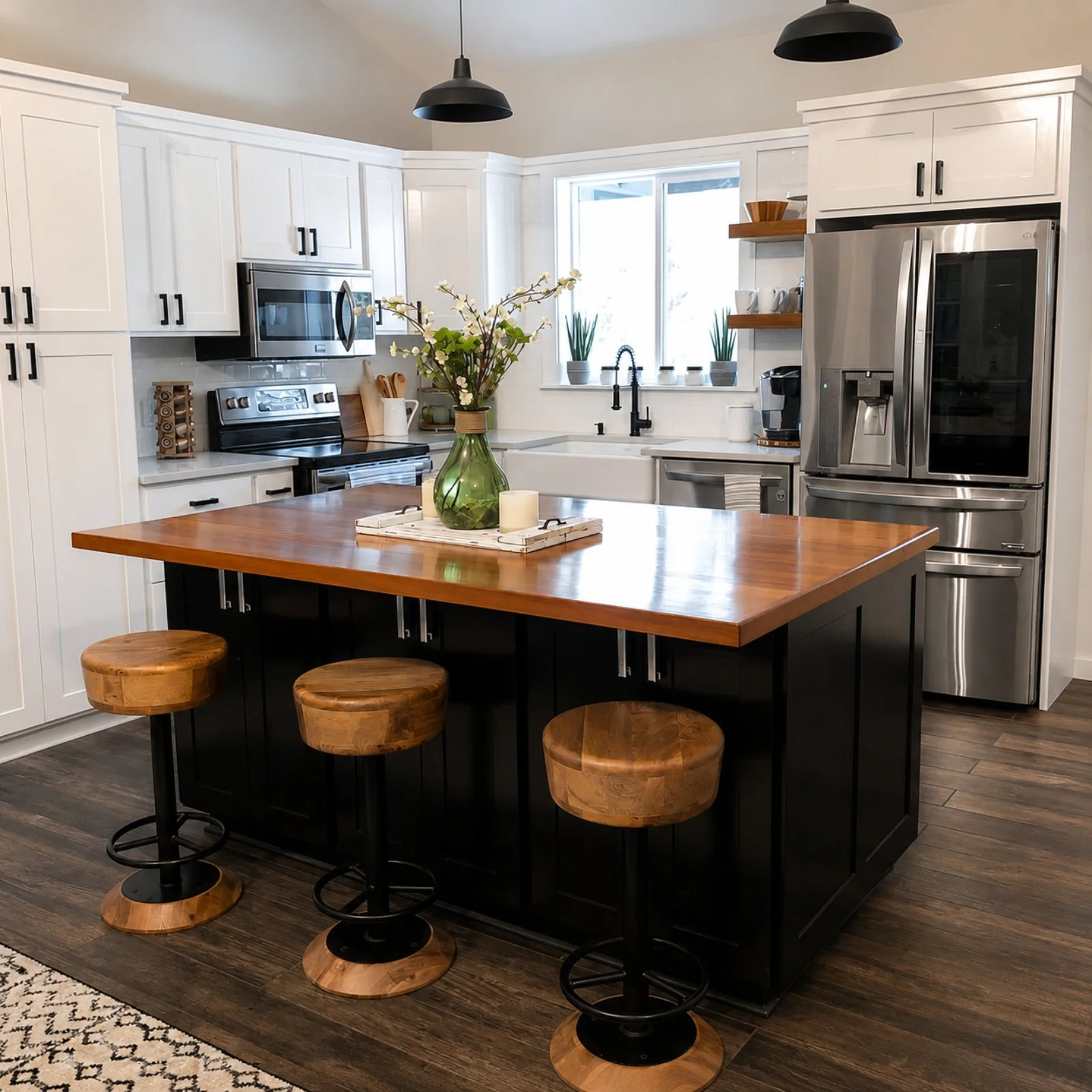 Modern kitchen with white cabinets, stainless steel appliances, a black island with a wooden top, three wooden stools, and a vase with flowers on the island.
