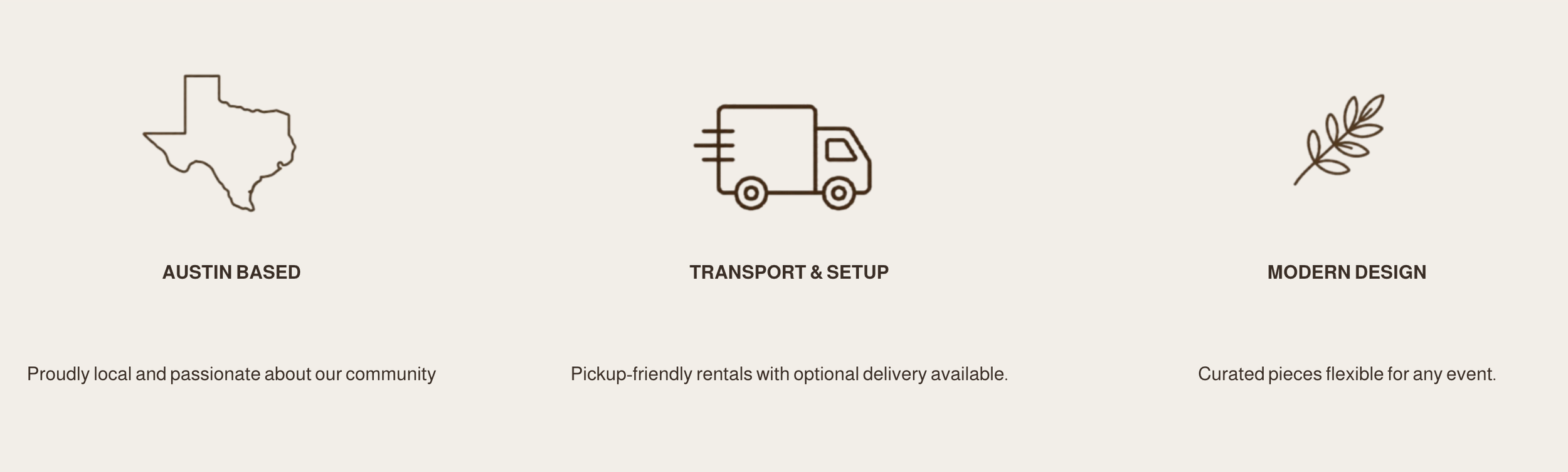 Icons of a Texas map, delivery truck, and a leaf with text indicating Austin based, transport and setup services, and modern design.