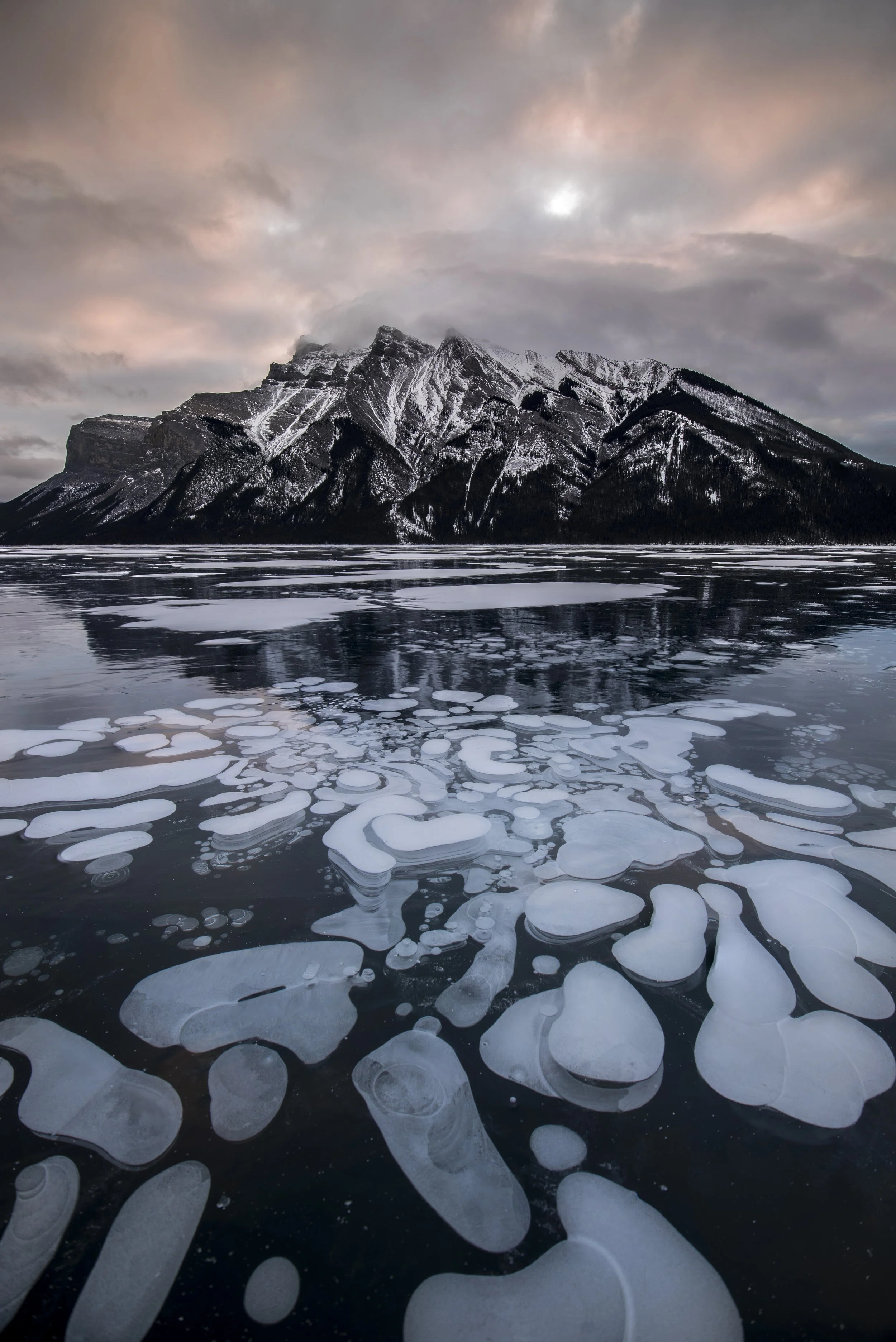 Lake Minnewanka frozen bubbles 