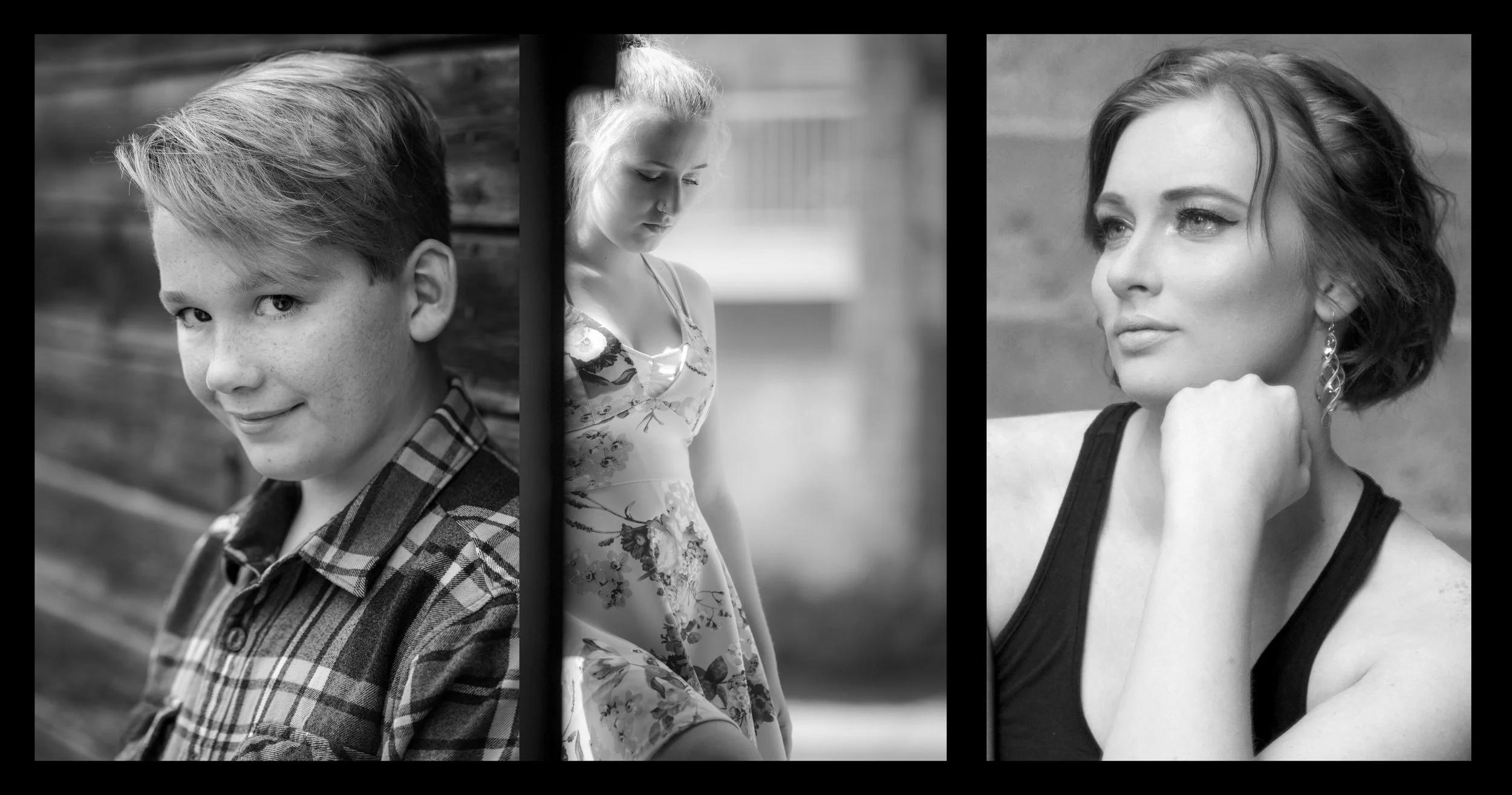 Three black-and-white portraits of women and a boy in vertical frames. The boy, on the left, has short hair and is smiling slightly, wearing a checkered shirt. The woman in the middle has her eyes closed, with her head tilted downward, wearing a floral dress. The woman on the right has chin-length hair, resting her chin on her hand, and is looking to the side with a thoughtful expression.