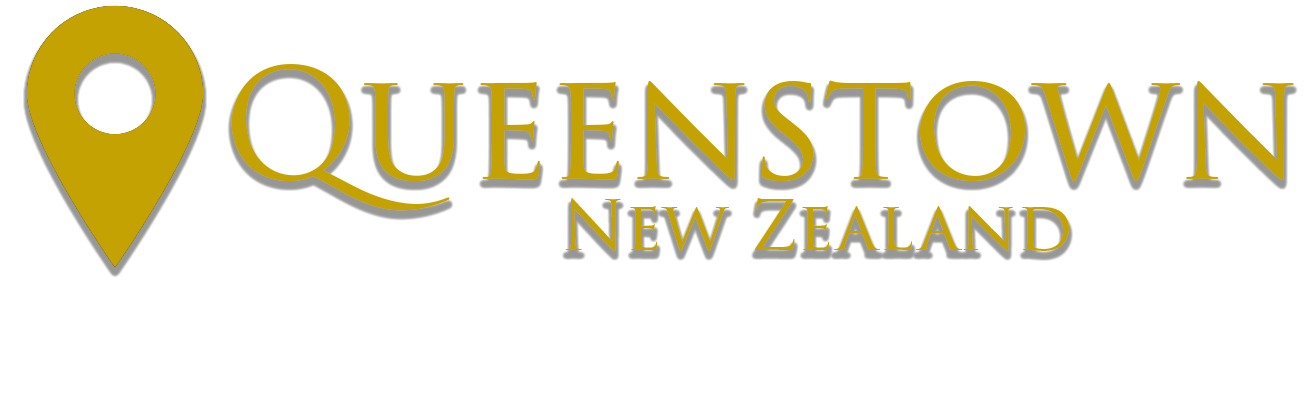 Logo with a yellow location pin icon and the text 'Queenstown New Zealand' in yellow on a black background.