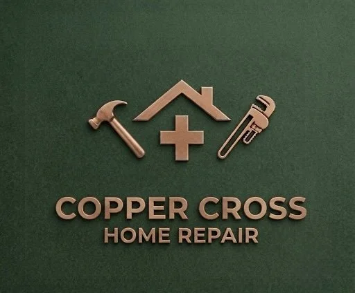 Logo for Copper Cross Home Repair featuring a hammer, house silhouette, plus sign, and pipe wrench on a green background.
