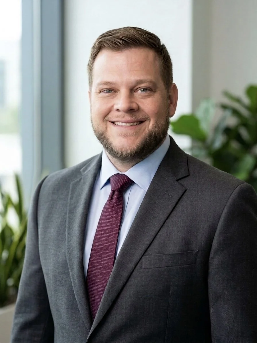 A smiling man in a business suit standing indoors near a window with plants in the background.