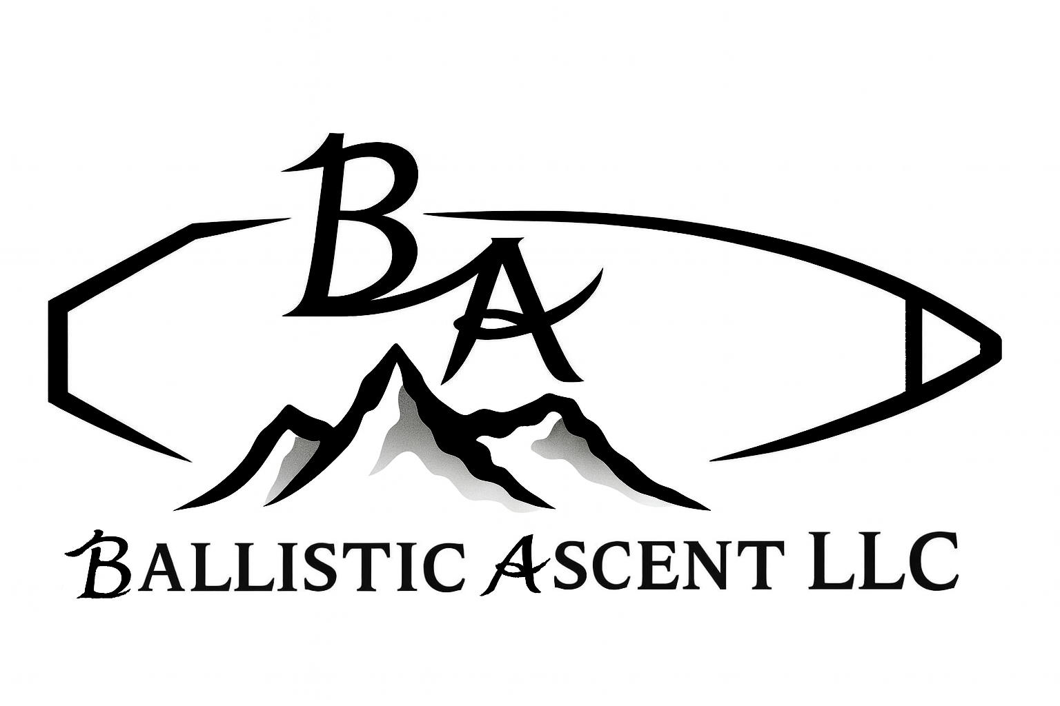 Logo for Ballistic Ascent LLC featuring mountain peaks and a stylized oval with the company name and initials BAA.