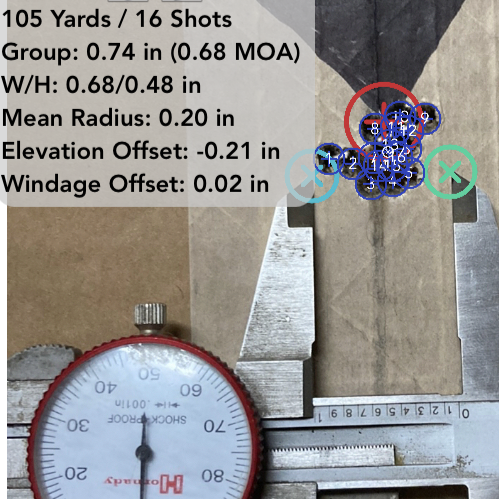 Group analysis with measurement data, including 105 yards, 16 shots, group size of 0.74 inches, and other specifications, next to a caliper.
