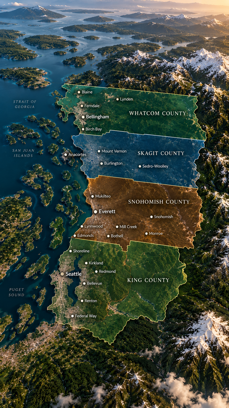 Aerial map showing counties in western Washington, including King, Snohomish, Skagit, and Whatcom, with city names and county boundaries over mountainous and water-rich landscape.