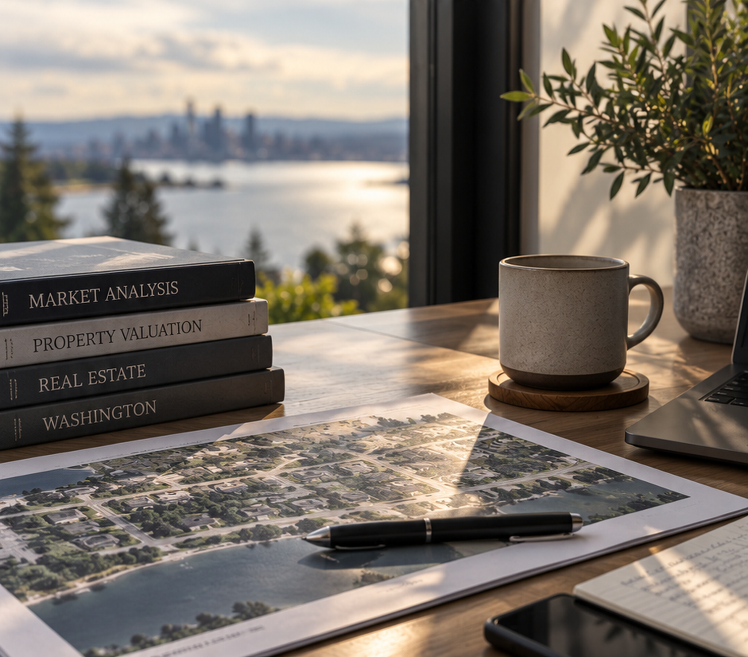 A workspace with a stack of books titled 'Market Analysis,' 'Property Valuation,' 'Estate,' 'Real Estate,' 'Washington,' a map, and a pen on a wooden table. There is a window with a view of a cityscape and river, and a potted plant and mug on the desk.