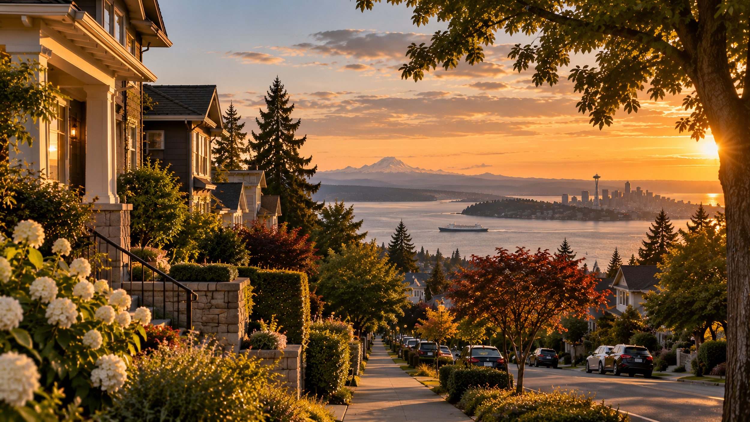 A residential neighborhood on a hill during sunset, with houses, trees, and a view of water, the city skyline, and Mount Rainier in the distance.