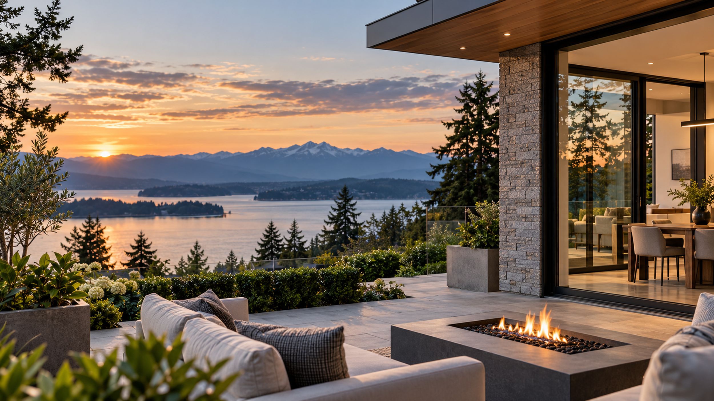 Modern outdoor living space with a view of a sunset over a lake, mountains, and trees, shown from a patio with a stone fireplace, comfortable seating, and large glass doors leading into a house interior.