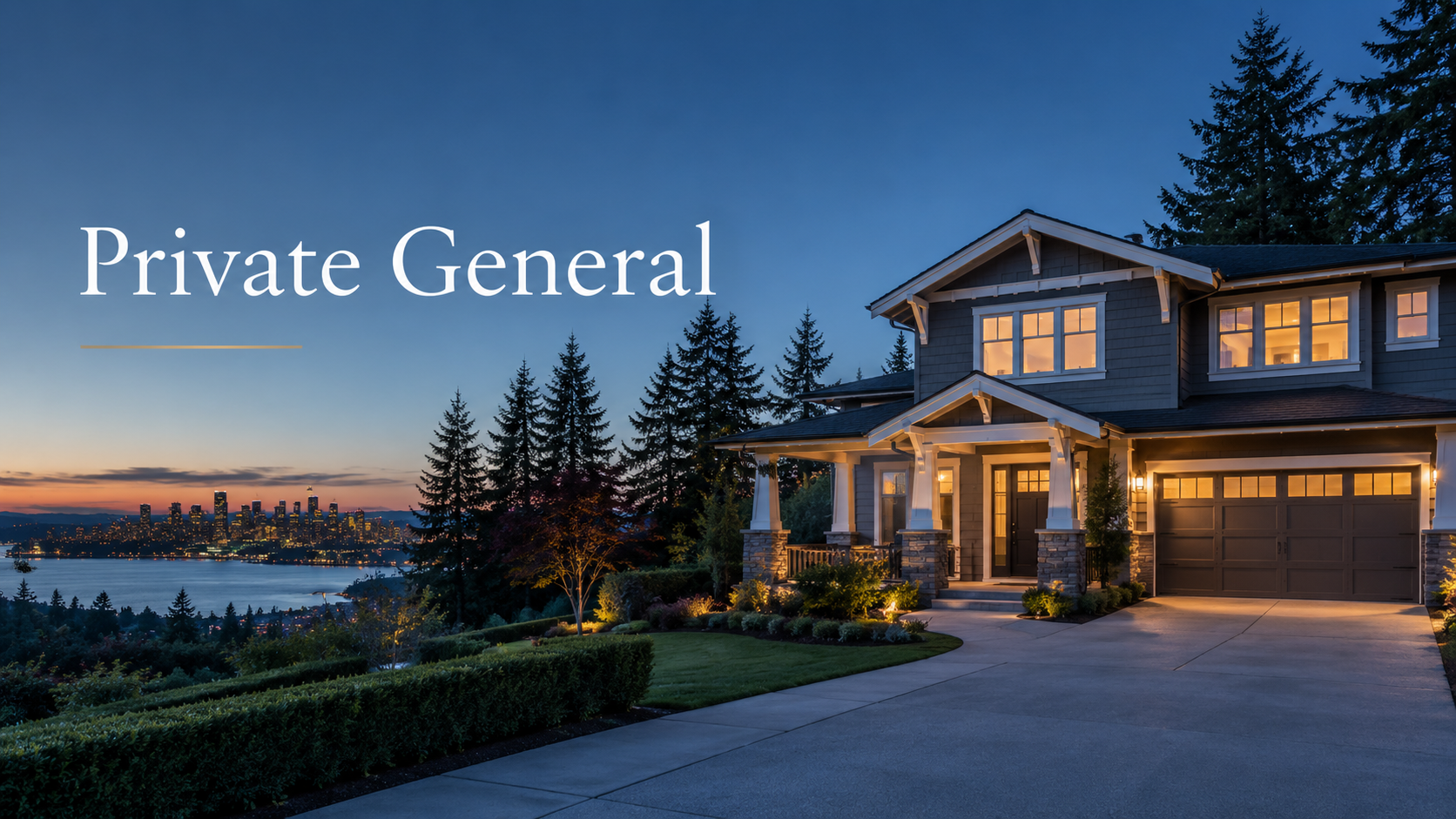 A well-lit modern house with large windows overlooking the Seattle skyline at dusk, with a neatly landscaped front yard and driveway.