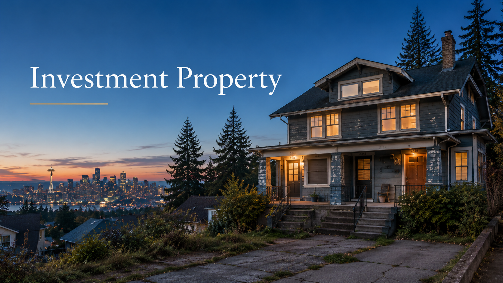 A two-story house with lit windows on a hilltop at dusk, overlooking Seattle's skyline with the Space Needle in the distance.