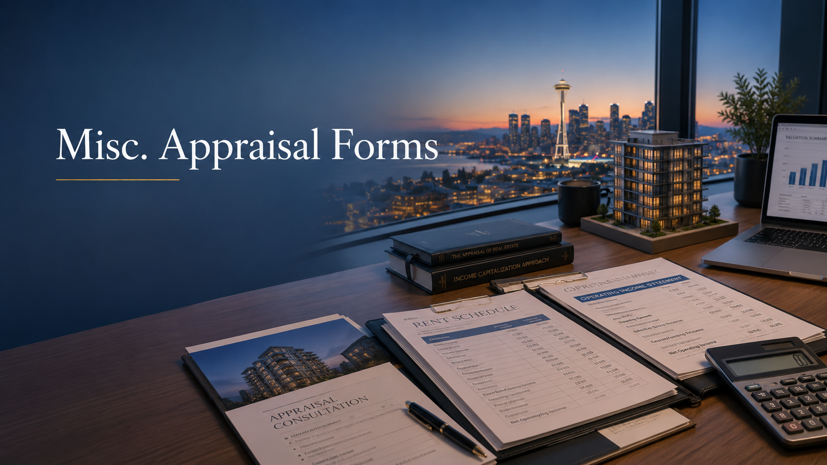 An office desk with appraisal documents, a model building, a laptop displaying graphs, a calculator, and a pen, set against a large window overlooking the Seattle skyline at dusk, with the Space Needle visible in the background.