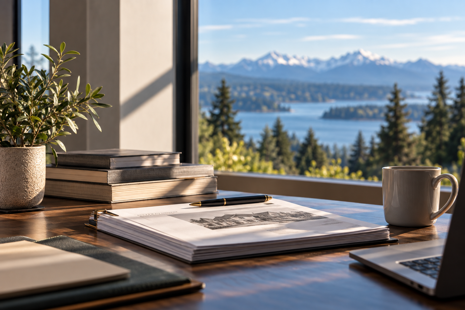 A desk with a potted plant, a stack of books, a pen, a large architectural drawing, a mug, and a laptop, with a window showing a scenic view of mountains, trees, and a water body in the background.
