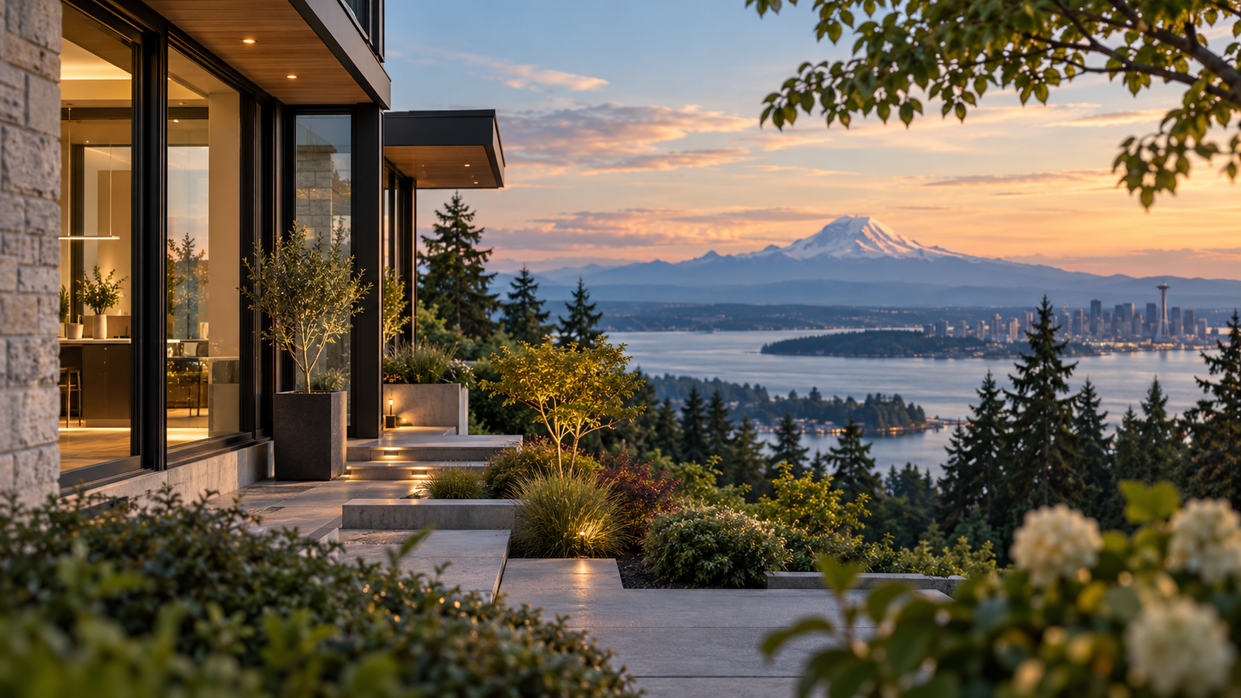 A modern house with large glass windows and a balcony overlooking a scenic view of water, trees, and Mount Rainier at sunset.
