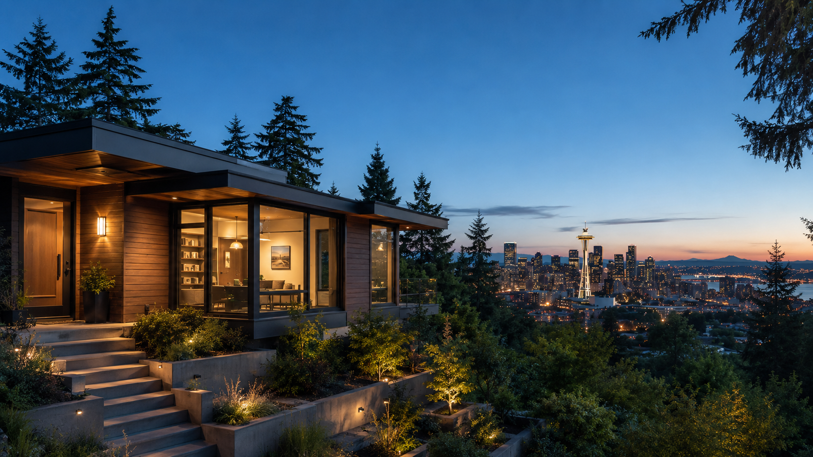 Modern house with large windows and outdoor stairs, illuminated interior, surrounded by greenery, overlooking a cityscape with the Space Needle and downtown skyline at dusk.