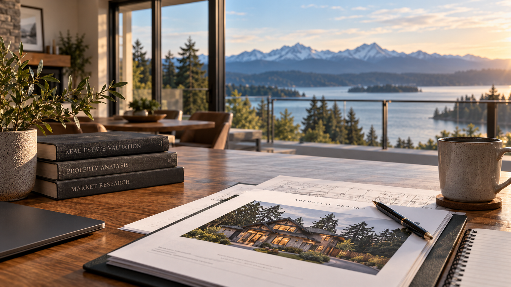 A workspace with real estate documents, including an architectural plan and a brochure showcasing a house design, a laptop, a pen, a mug, a stack of books titled 'Real Estate Valuation,' 'Property Analysis,' and 'Market Research,' a potted plant, and a view of a lake and snow-capped mountains through large windows at sunset.