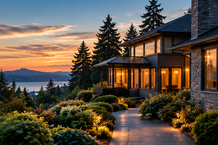 A house with large windows and a stone chimney, surrounded by bushes and illuminated by warm interior lights, outdoor sunset, with mountains and trees in the background.