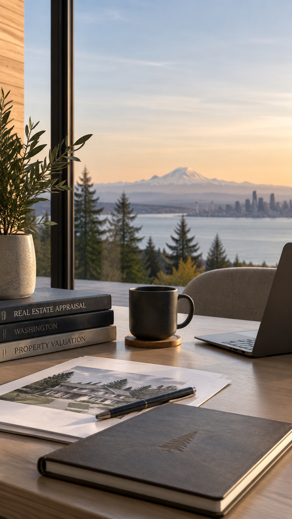 An office desk with a potted plant, books on real estate, a black mug, a laptop, and a printout of a house, with a large window showing a view of trees, a lake, and a mountain in the distance.