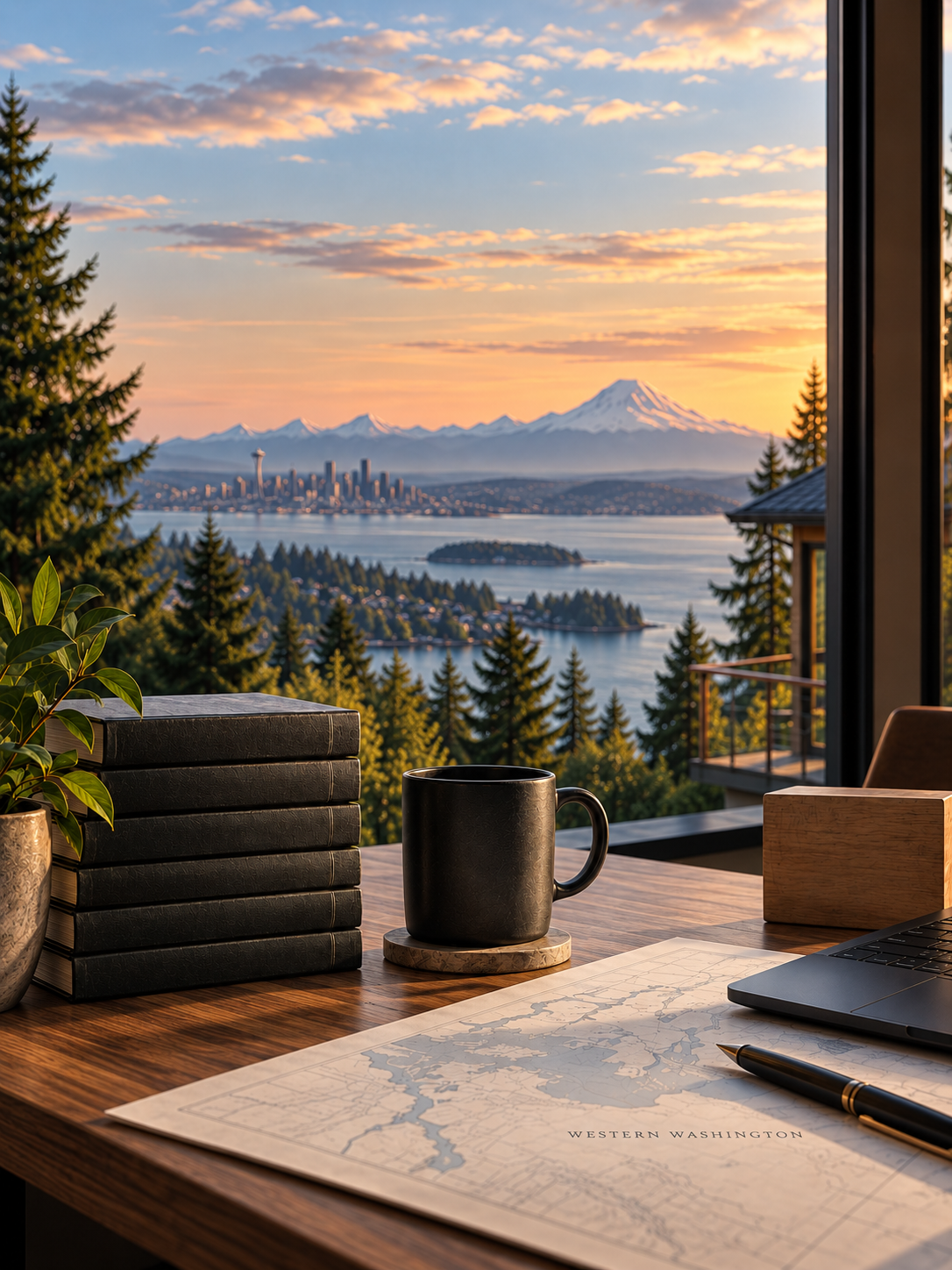 A view from a wooden desk shows a city skyline, Mount Rainier in the distance, and a body of water surrounded by lush green trees during sunset. On the desk, there are stacked black books, a black mug on a coaster, a map of Western Washington, a pen, a laptop, and a small potted plant.