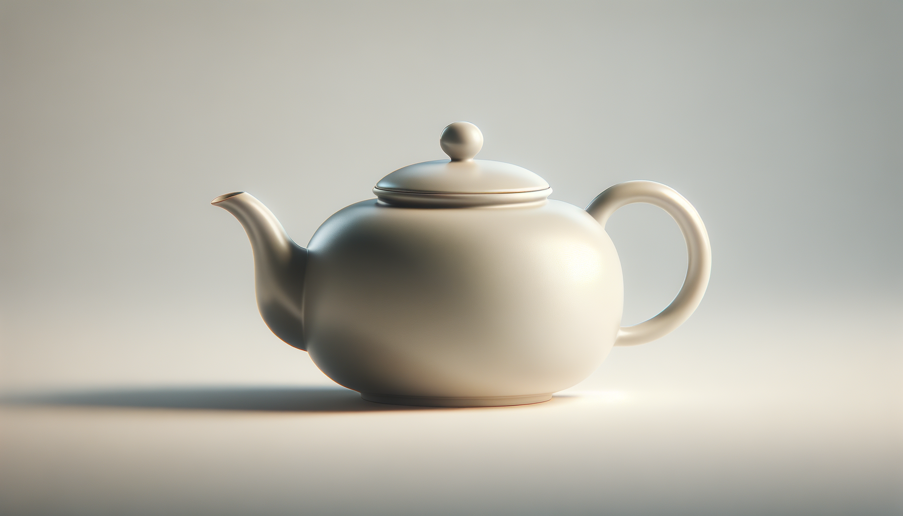 White ceramic teapot with a round body, curved spout, handle, and a matching lid with a small knob, set against a neutral background.