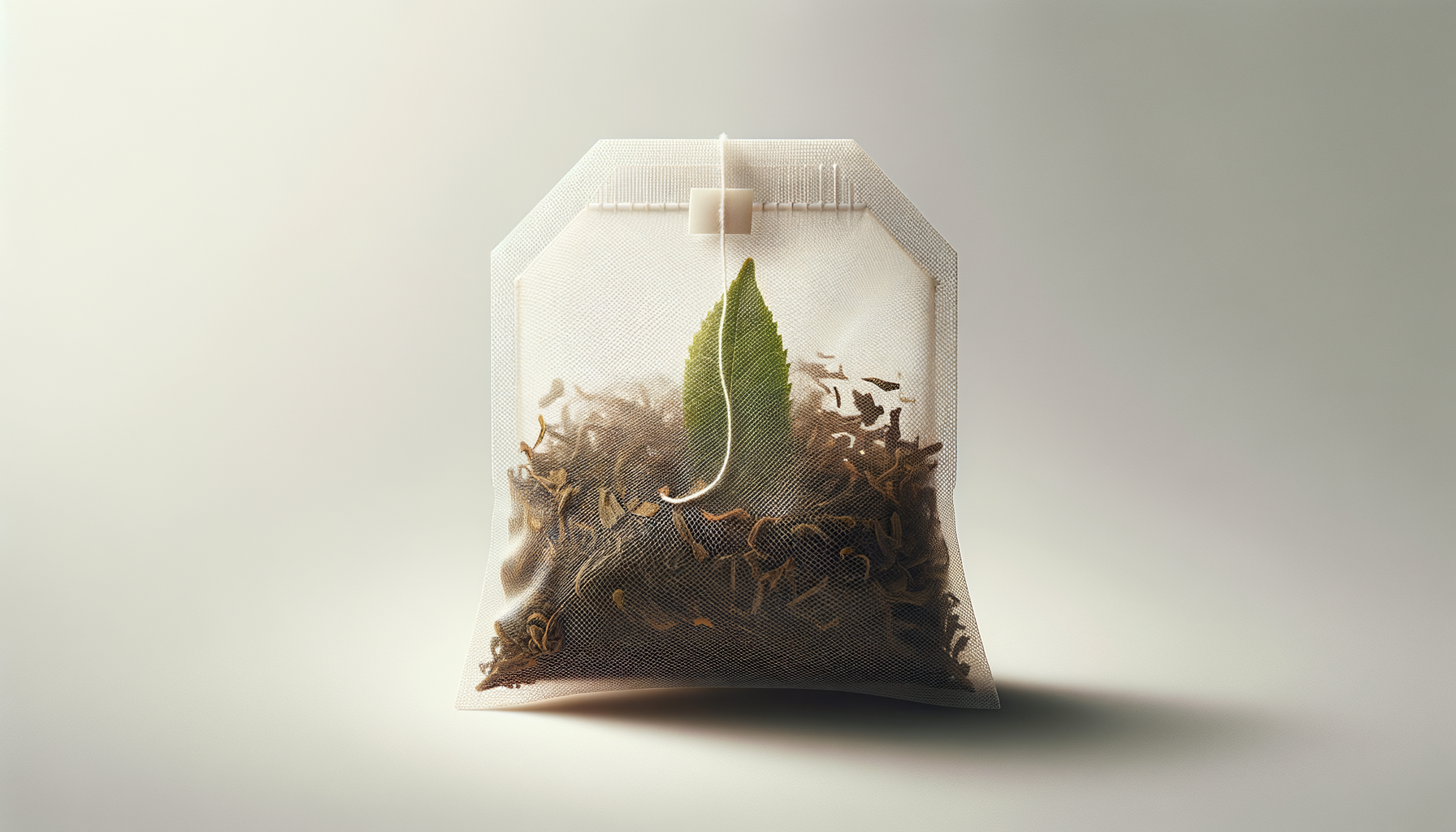 A tea bag with a green leaf inside, placed on top of loose tea leaves in a mesh tea infuser.