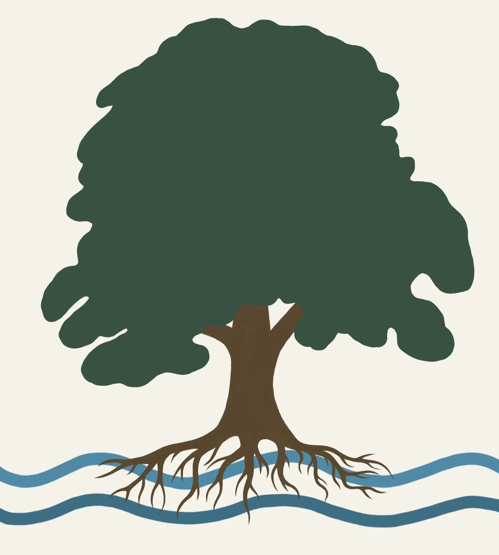 Illustration of a tree with green foliage and brown trunk, roots extending below ground, and blue water waves beneath.