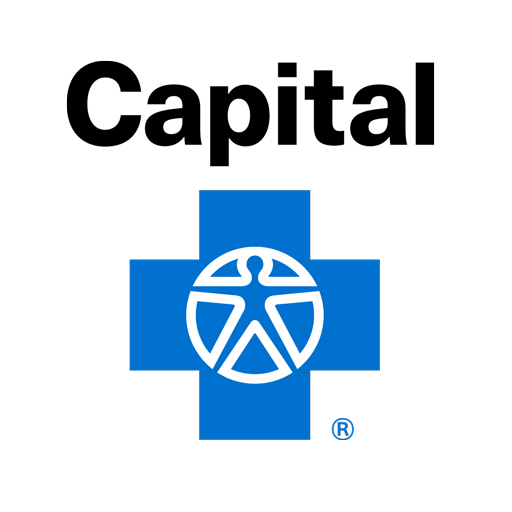 A logo featuring a blue cross with a white circle and stylized human figure inside, set against a black background.