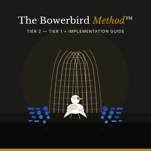 Cover of a guidebook titled 'The Bowerbird Method™: Tier 2 - Tier 1 + Implementation Guide'. The Guide (USD 99) includes the execution templates, the AI-prompt engine and a machine-readable JSON Blueprint .
