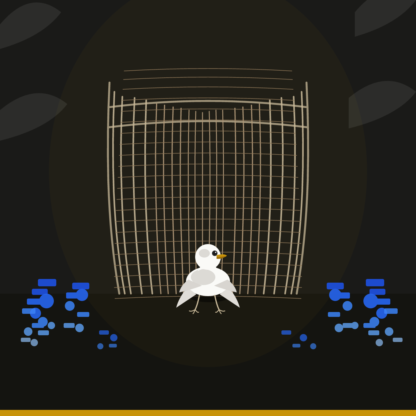 A digital illustration of a bowerbird standing in front of a bower figuratively representing The Bowerbird Method™ , a strategic framework for building a communications foundation.
