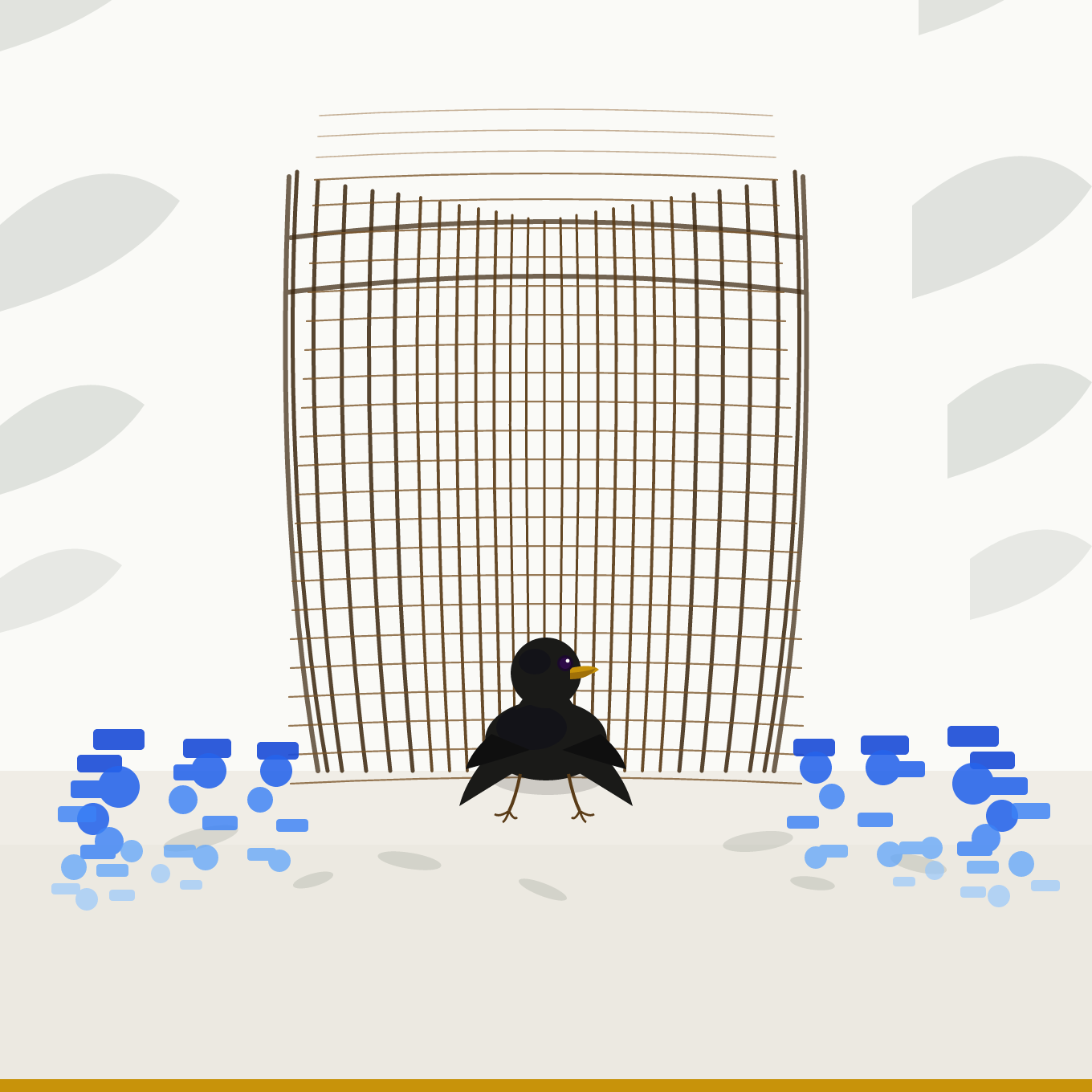 A digital illustration of a bowerbird standing in front of a mature bower figuratively representing The Bowerbird Method™ , a strategic framework for building a communications foundation.