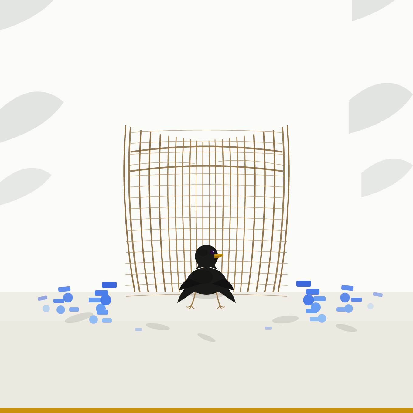 A digital illustration of a  bowerbird standing in front of a maturing bower figuratively representing The Bowerbird Method™ , a strategic framework for building a communications foundation.