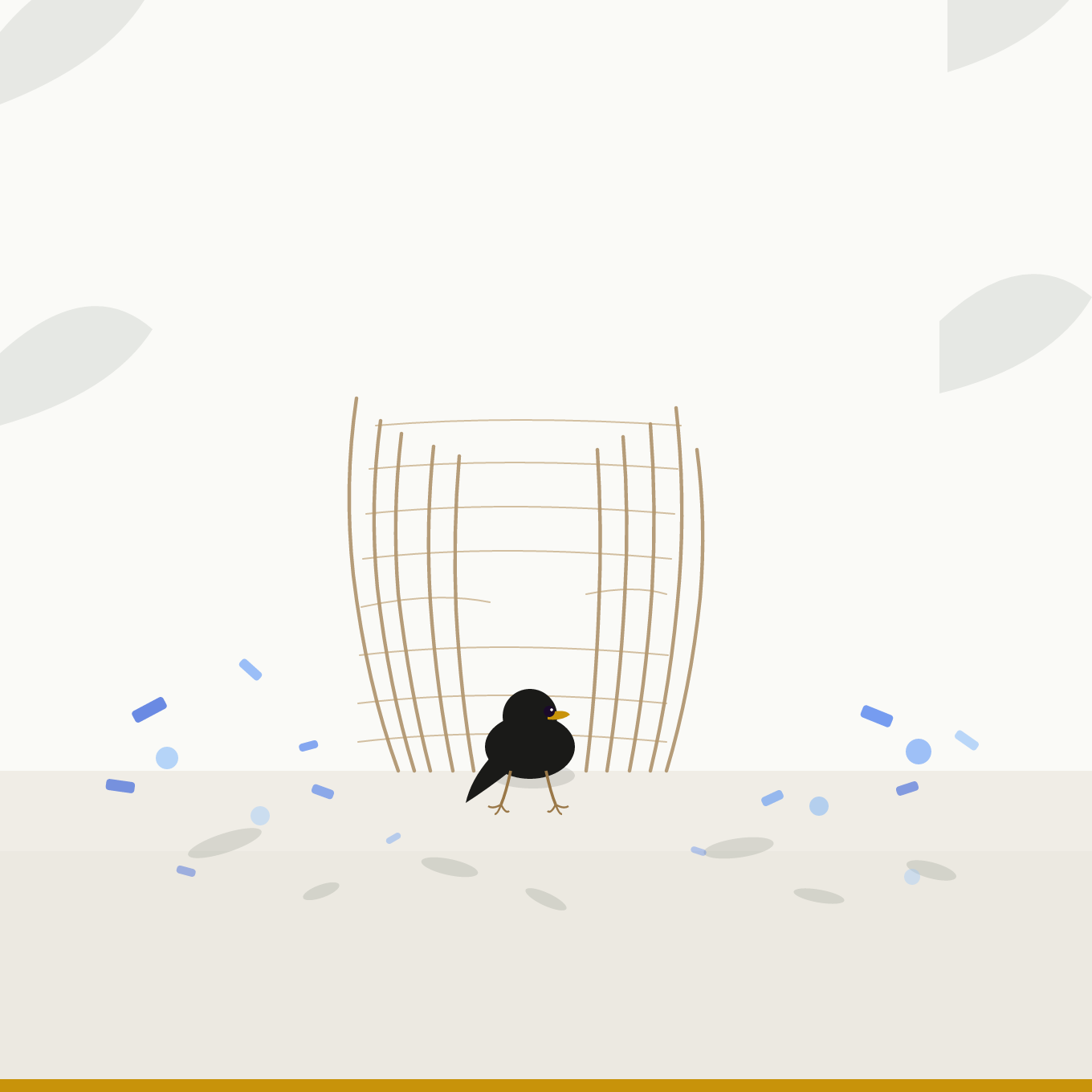 A digital illustration of a bowerbird standing in front of an immature bower figuratively representing The Bowerbird Method™ , a strategic framework for building a communications foundation.