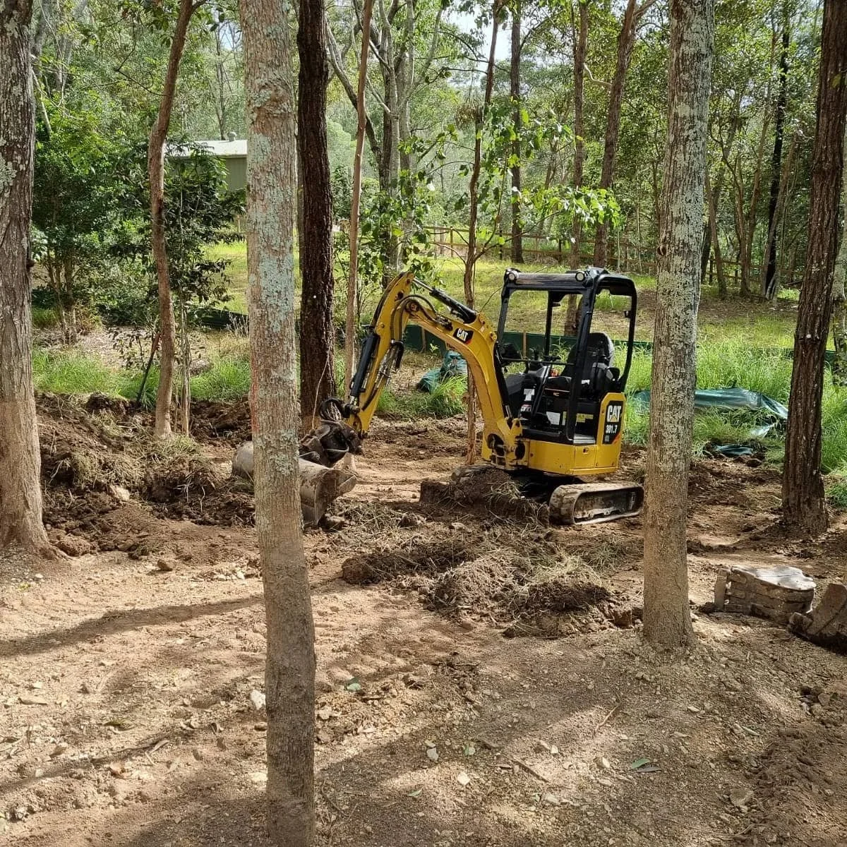 A yellow mini excavator is digging in a wooded area with trees and green grass, a small building or shed partially visible in the background.