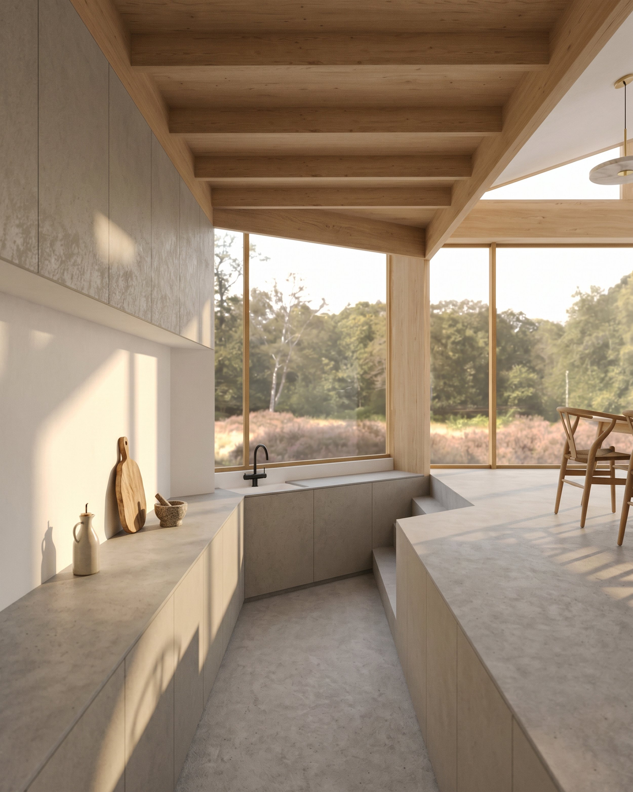 Interior view of stepped-down kitchen looking into garden beyond