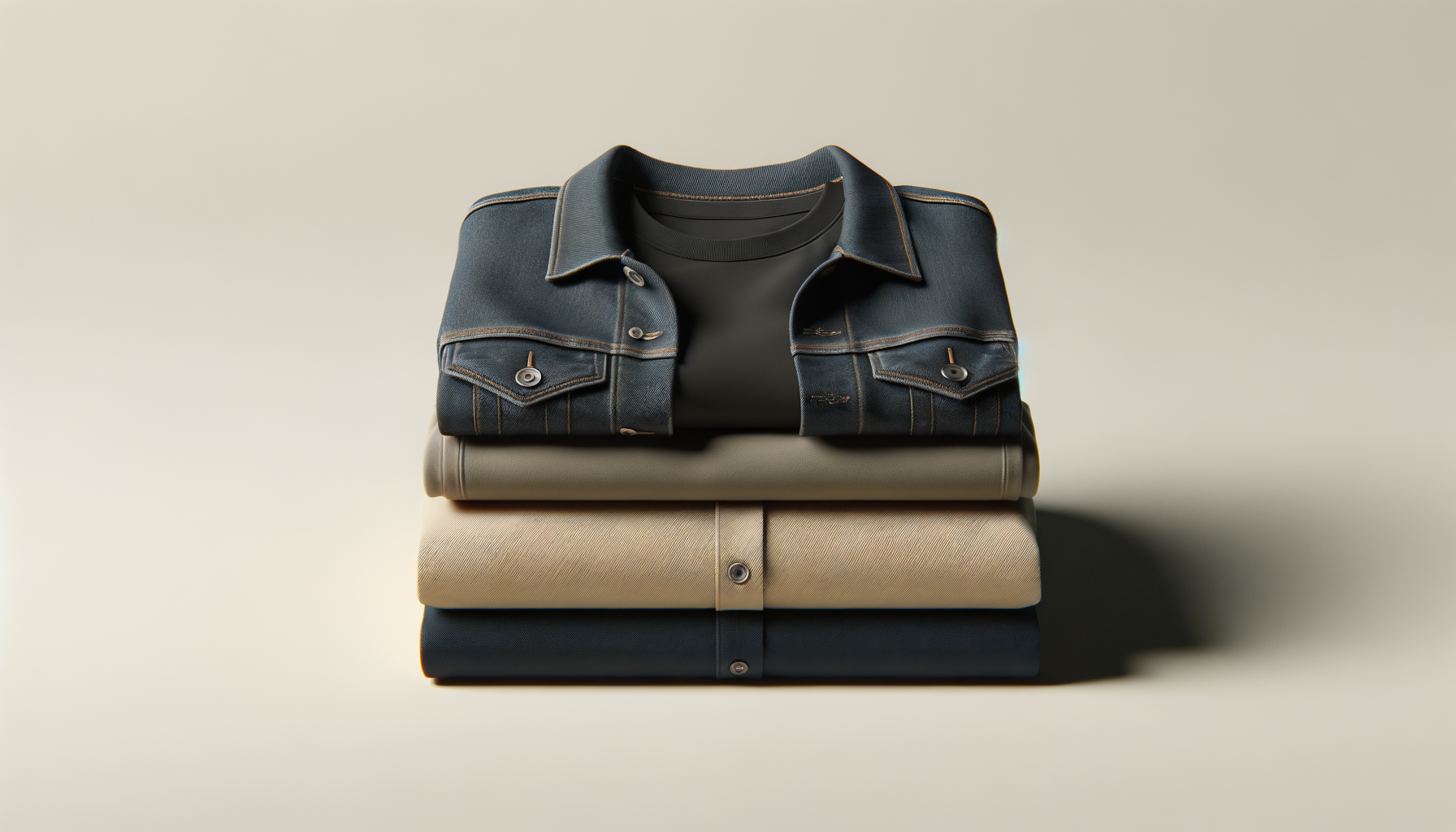 Stacked neatly, the garments include a denim jacket on top, followed by a gray shirt, a beige pair of pants, and black pants at the bottom, all placed against a neutral background.