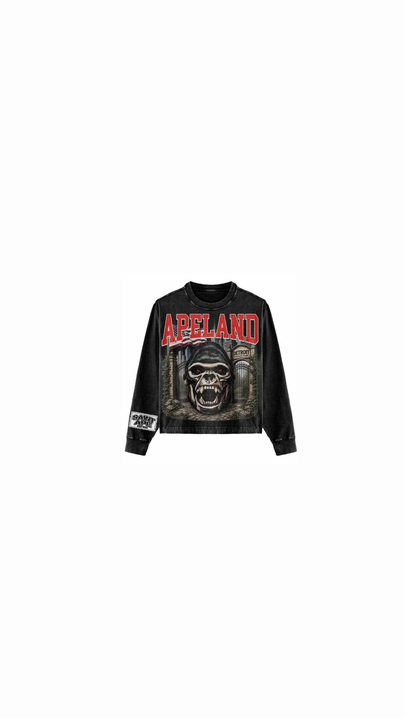 Black sweatshirt with graphic design featuring a gorilla head, the word "APELAND" in red letters at the top, and an entrance gate to Detroit in the background, with a Saint Ape patch on the sleeve.