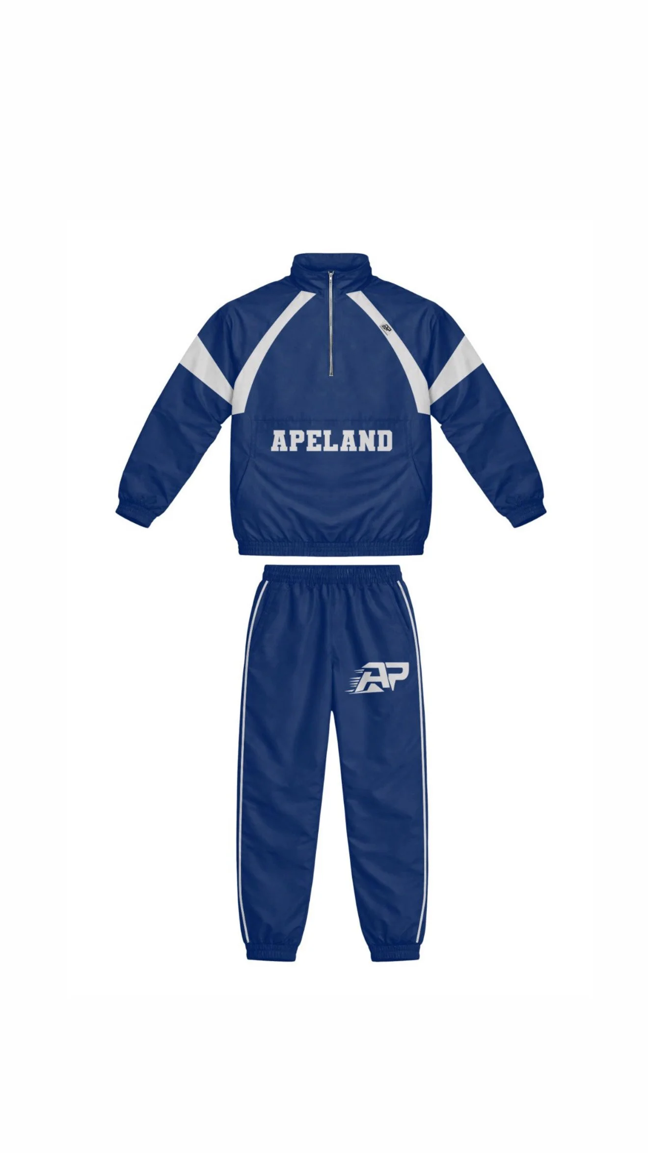 A blue athletic tracksuit with white accents, including a zip-up jacket and matching pants, featuring the word "APELAND" and a logo with the initials "AP".