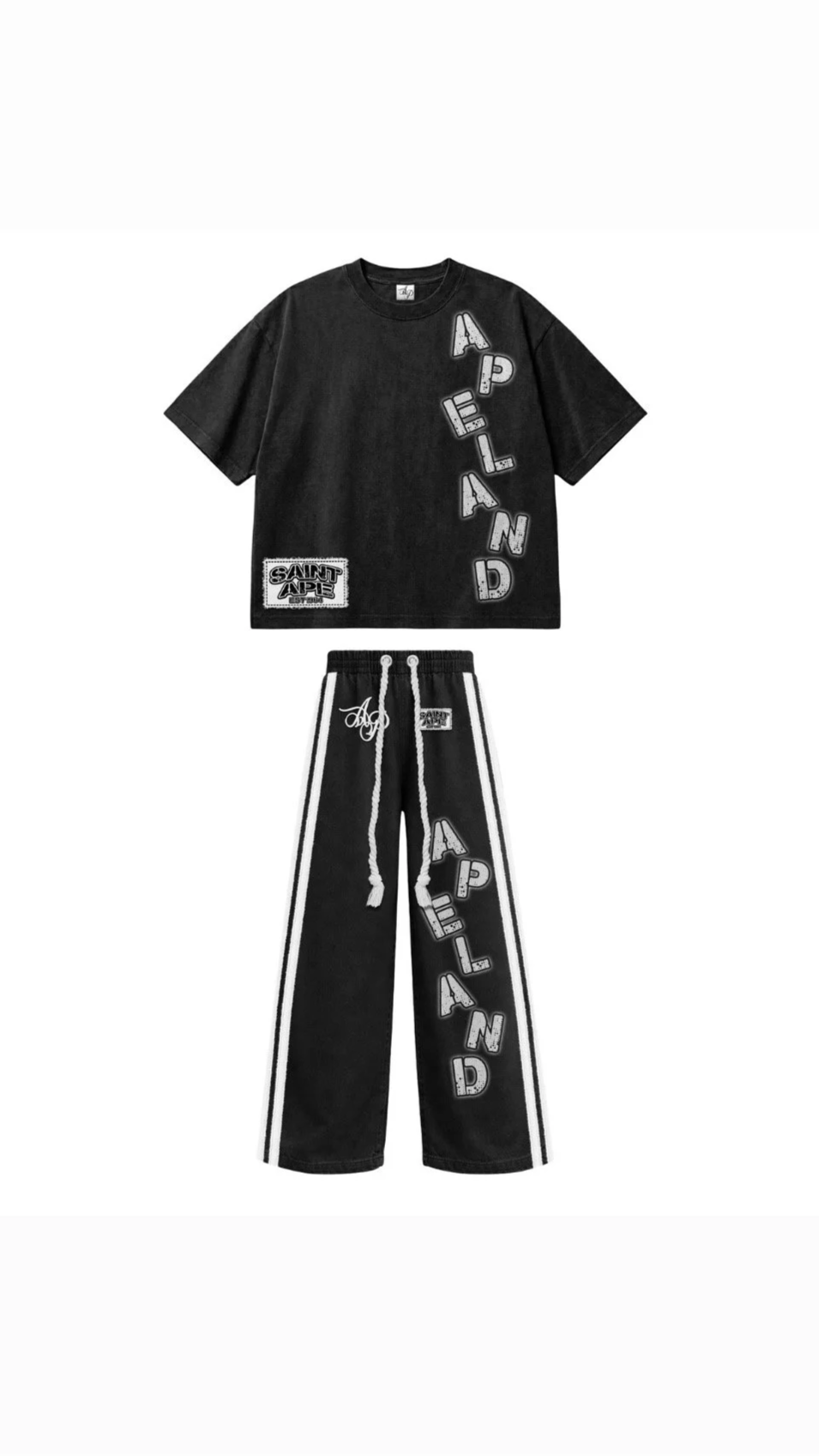Black casual t-shirt and pants set with bold, graphic text reading 'AELAND' and patches from Saint Ape.