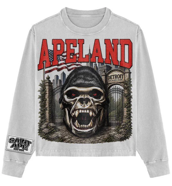Gray sweatshirt featuring a large graphic of a skull with layered cityscape and trees in the background, with the text 'APELAND' in bold red letters at the top and 'Detroit Wildlife Park' on a sign near a gate.