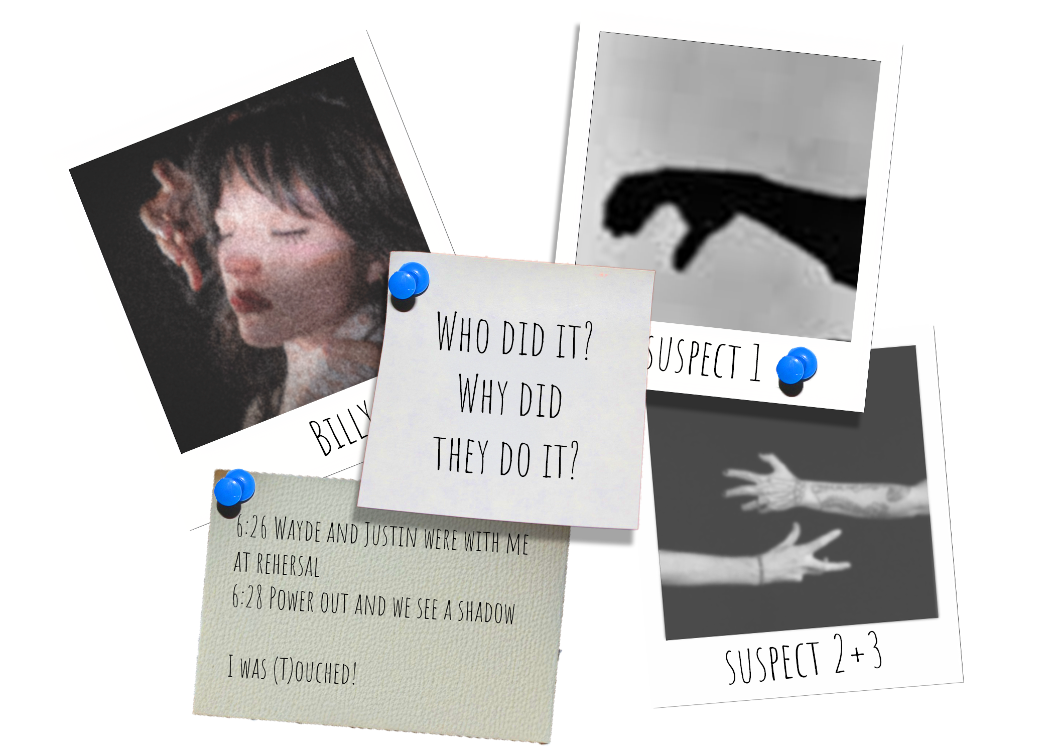 Bulletin board with photographs, handwritten notes, and a shadow of a hand. The notes include questions like "Who did it?" and details about an event timeline.
